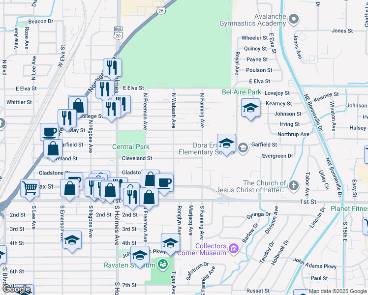 map of restaurants, bars, coffee shops, grocery stores, and more near 709 Cleveland Street in Idaho Falls