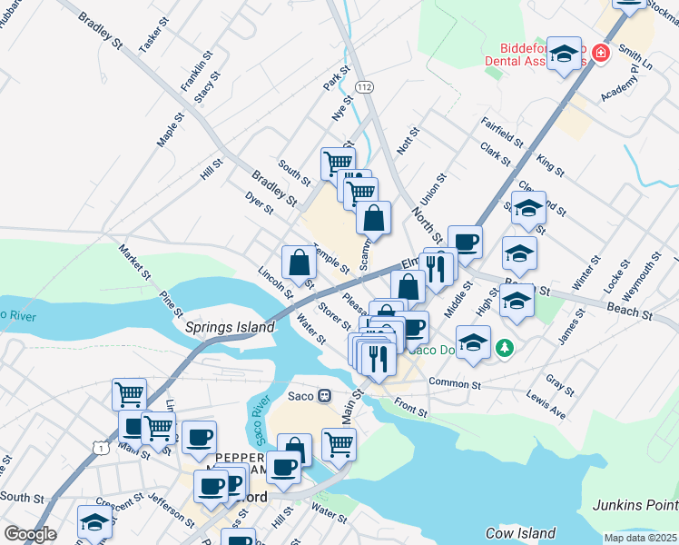 map of restaurants, bars, coffee shops, grocery stores, and more near 93 Pleasant Street in Saco