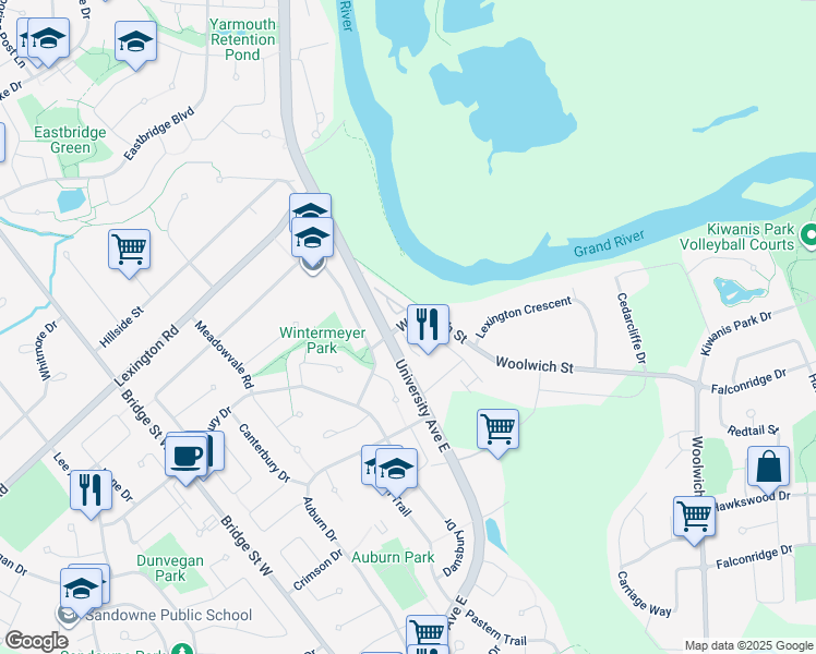 map of restaurants, bars, coffee shops, grocery stores, and more near 465 Woolwich Street in Waterloo