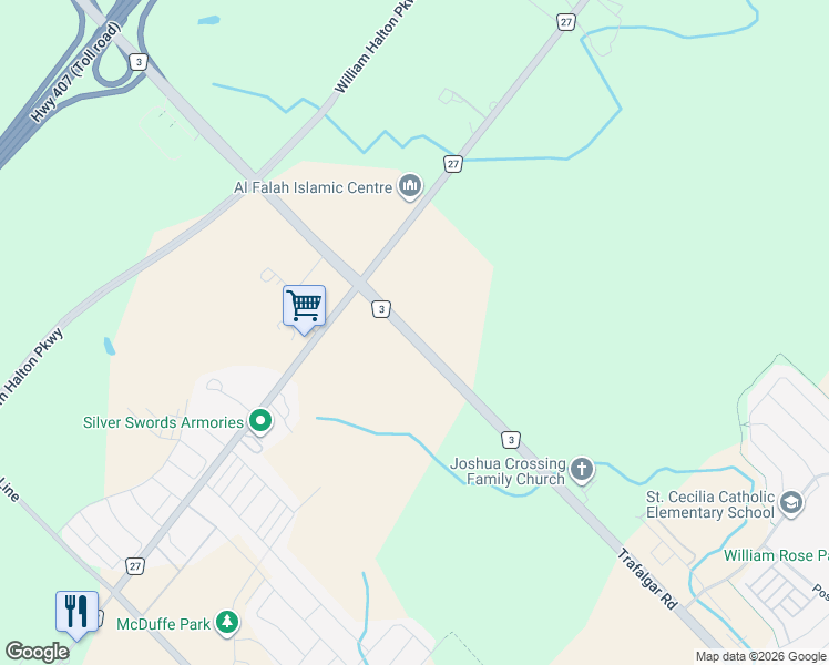 map of restaurants, bars, coffee shops, grocery stores, and more near 3079 Trafalgar Road in Oakville