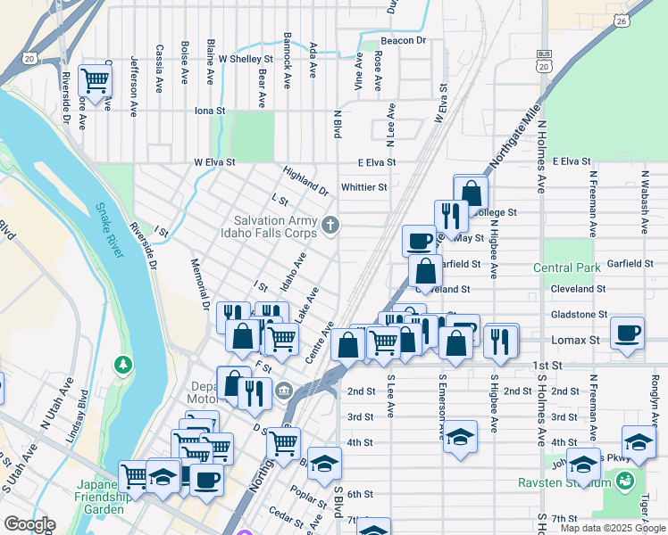 map of restaurants, bars, coffee shops, grocery stores, and more near 1370 Lake Avenue in Idaho Falls