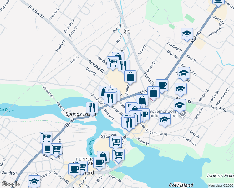 map of restaurants, bars, coffee shops, grocery stores, and more near 93 Pleasant Street in Saco