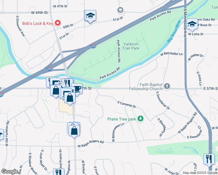 map of restaurants, bars, coffee shops, grocery stores, and more near 1300 West 57th Street in Sioux Falls
