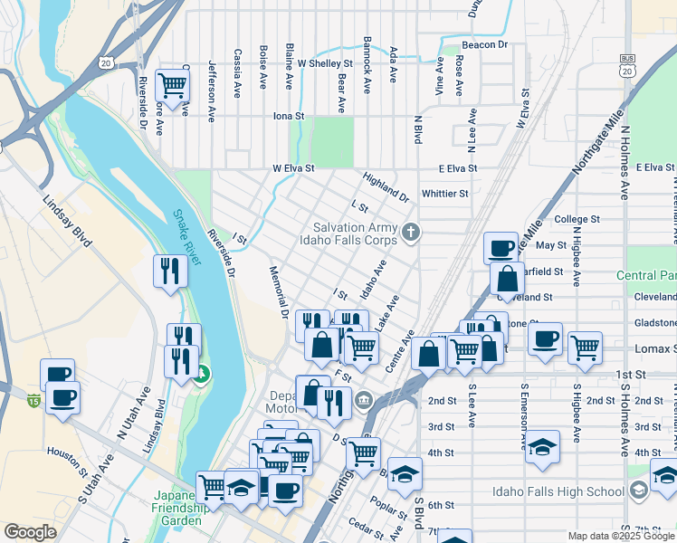 map of restaurants, bars, coffee shops, grocery stores, and more near 1205 Canal Avenue in Idaho Falls