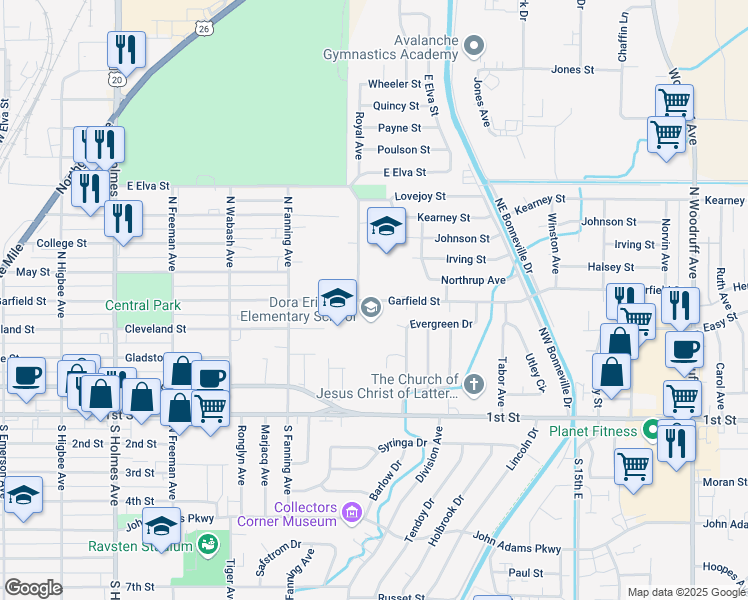 map of restaurants, bars, coffee shops, grocery stores, and more near 955 Garfield Street in Idaho Falls