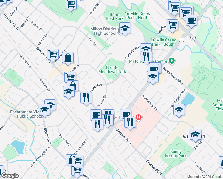 map of restaurants, bars, coffee shops, grocery stores, and more near 522 Roseheath Drive in Milton