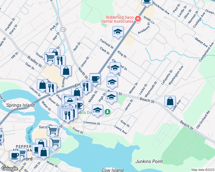 map of restaurants, bars, coffee shops, grocery stores, and more near 60 Beach Street in Saco