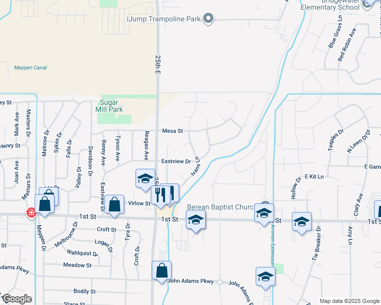 map of restaurants, bars, coffee shops, grocery stores, and more near 2651 Eastview Drive in Idaho Falls