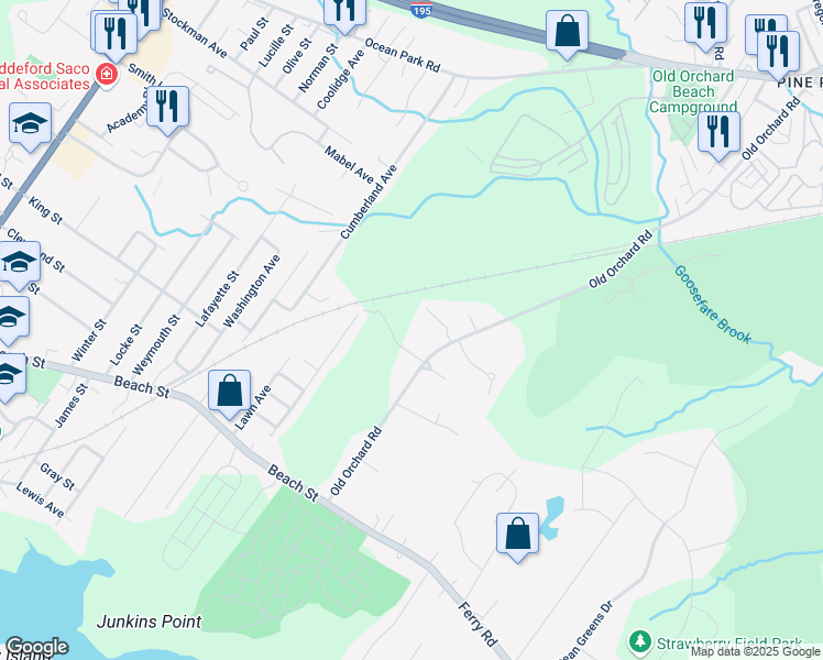map of restaurants, bars, coffee shops, grocery stores, and more near 54 Old Orchard Road in Saco