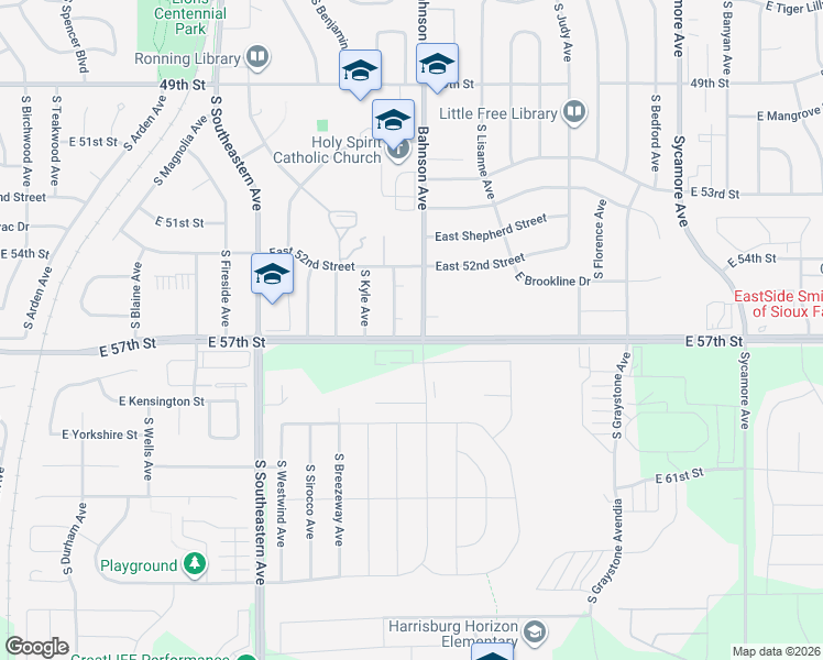 map of restaurants, bars, coffee shops, grocery stores, and more near 47627 East 57th Street in Sioux Falls