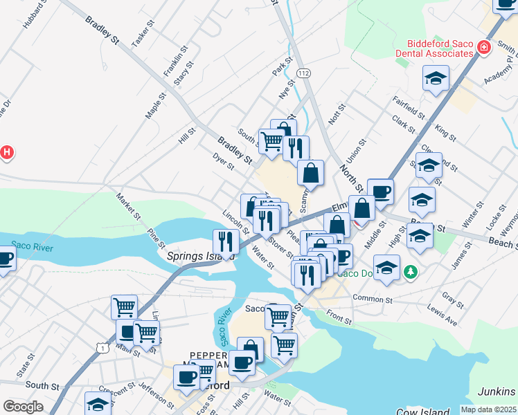 map of restaurants, bars, coffee shops, grocery stores, and more near 22-24 Green Street in Saco