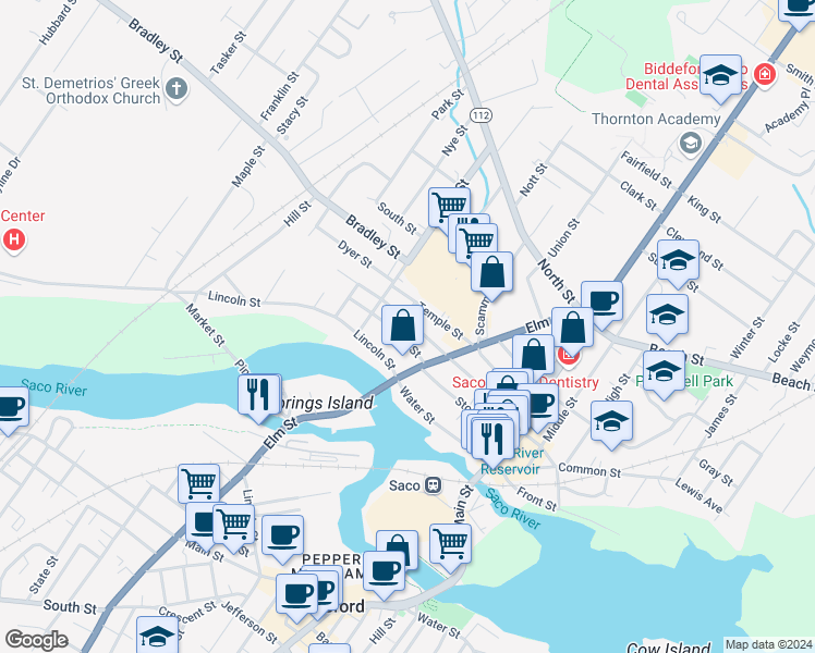 map of restaurants, bars, coffee shops, grocery stores, and more near 22-24 Green Street in Saco