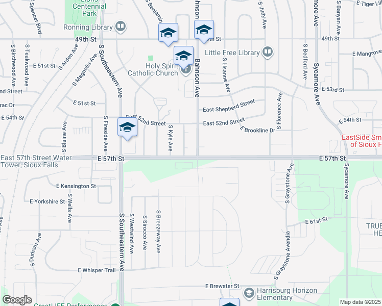 map of restaurants, bars, coffee shops, grocery stores, and more near 47627 East 57th Street in Sioux Falls