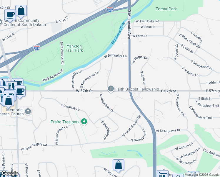 map of restaurants, bars, coffee shops, grocery stores, and more near 601 West 57th Street in Sioux Falls