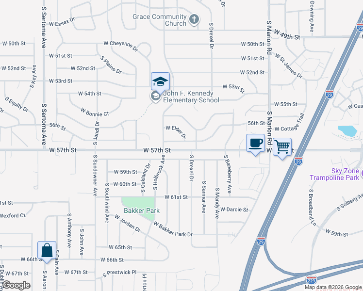map of restaurants, bars, coffee shops, grocery stores, and more near 5001 South Drexel Drive in Sioux Falls