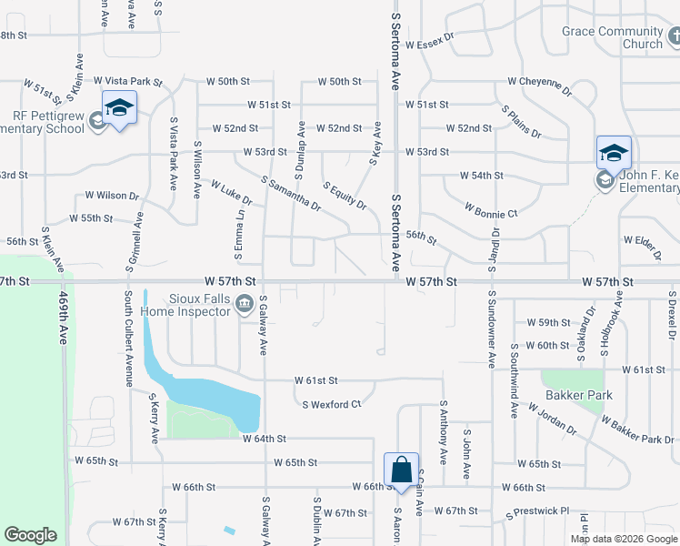 map of restaurants, bars, coffee shops, grocery stores, and more near 46965-46969 West 57th Street in Sioux Falls
