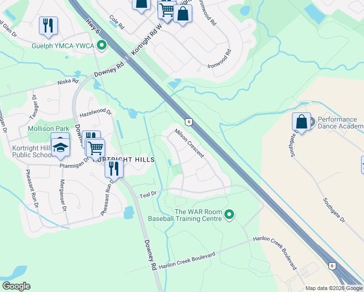 map of restaurants, bars, coffee shops, grocery stores, and more near 5 Berry Drive in Guelph