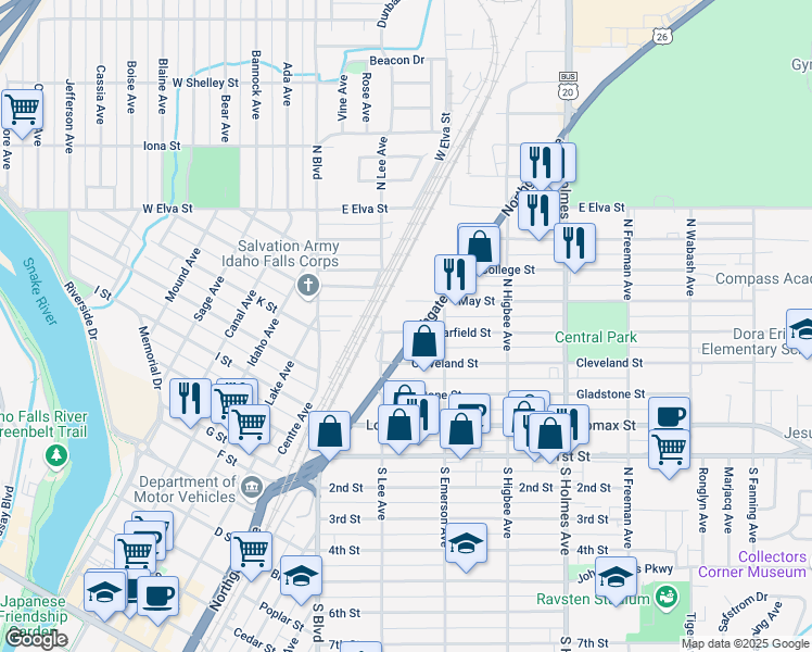map of restaurants, bars, coffee shops, grocery stores, and more near 455 Northgate Mile in Idaho Falls