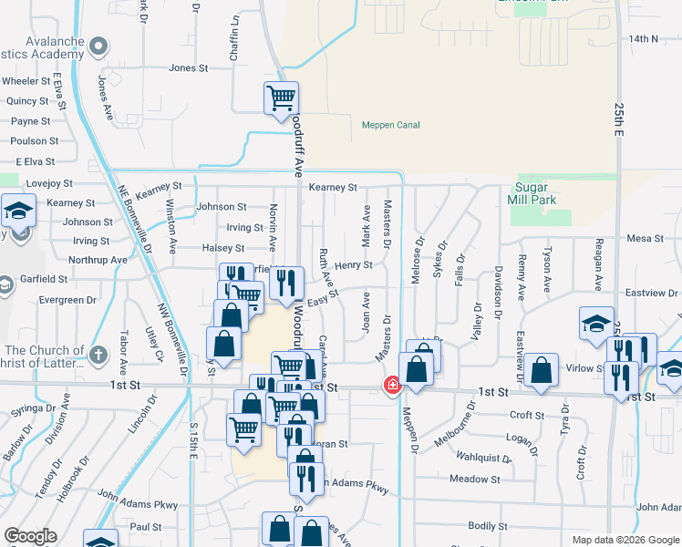 map of restaurants, bars, coffee shops, grocery stores, and more near 491 Ruth Avenue in Idaho Falls