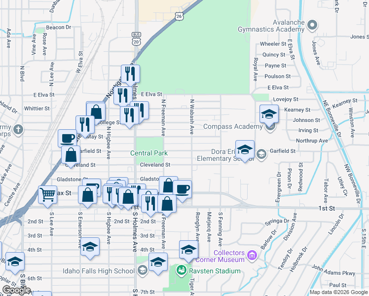map of restaurants, bars, coffee shops, grocery stores, and more near 653 Cleveland Street in Idaho Falls