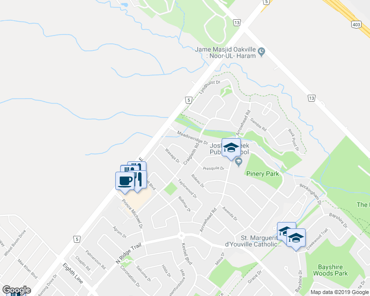map of restaurants, bars, coffee shops, grocery stores, and more near 2409 Presquile Drive in Oakville