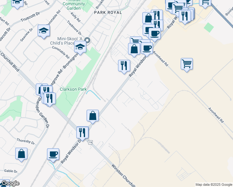 map of restaurants, bars, coffee shops, grocery stores, and more near 2510 Royal Windsor Drive in Mississauga