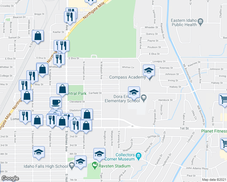 map of restaurants, bars, coffee shops, grocery stores, and more near 793 Cleveland Street in Idaho Falls