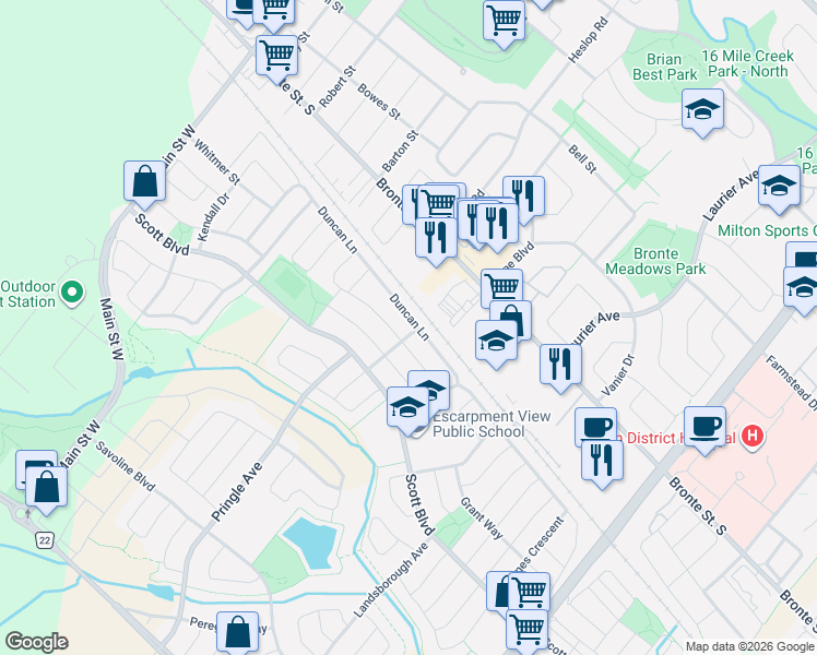 map of restaurants, bars, coffee shops, grocery stores, and more near 300 Giddings Crescent in Milton