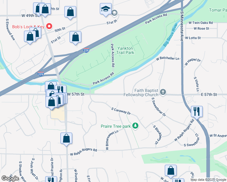 map of restaurants, bars, coffee shops, grocery stores, and more near 1300 W 57th St in Sioux Falls