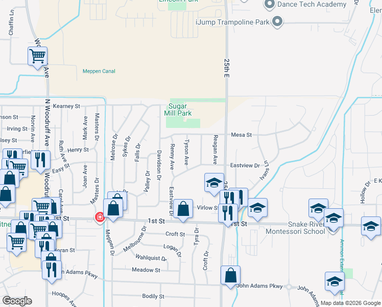 map of restaurants, bars, coffee shops, grocery stores, and more near 2367 Eastview Drive in Idaho Falls