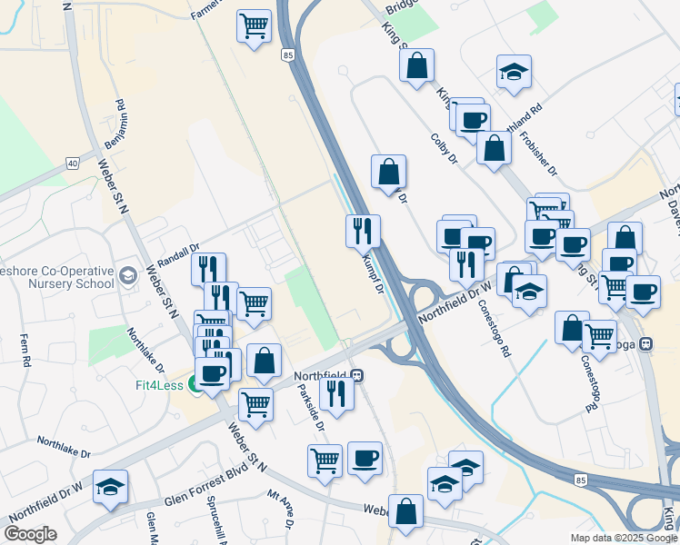 map of restaurants, bars, coffee shops, grocery stores, and more near 585 Kumpf Drive in Waterloo