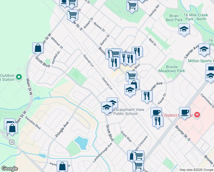 map of restaurants, bars, coffee shops, grocery stores, and more near 316 Duncan Lane in Milton