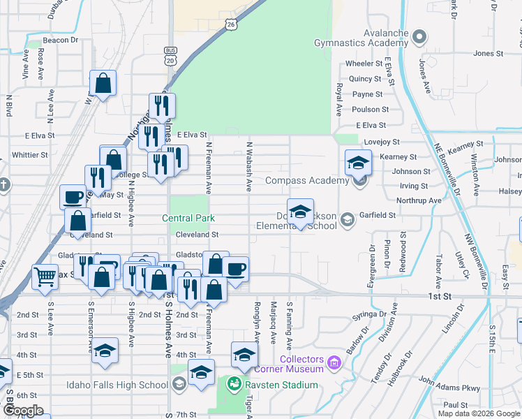 map of restaurants, bars, coffee shops, grocery stores, and more near 709 Cleveland Street in Idaho Falls