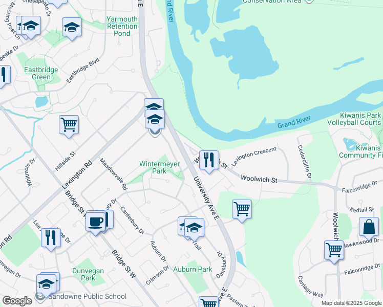 map of restaurants, bars, coffee shops, grocery stores, and more near 460 Woolwich Street in Waterloo