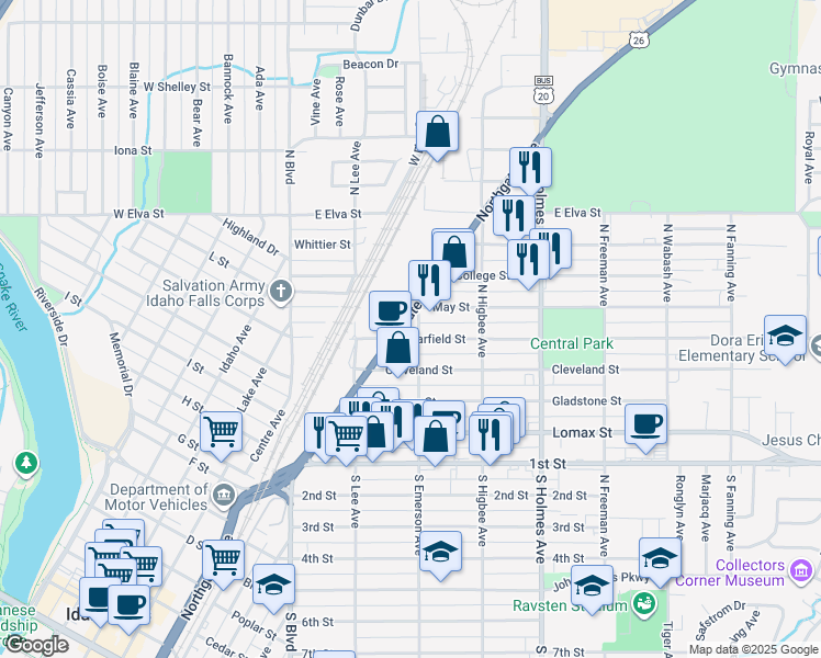 map of restaurants, bars, coffee shops, grocery stores, and more near 201-299 May St in Idaho Falls