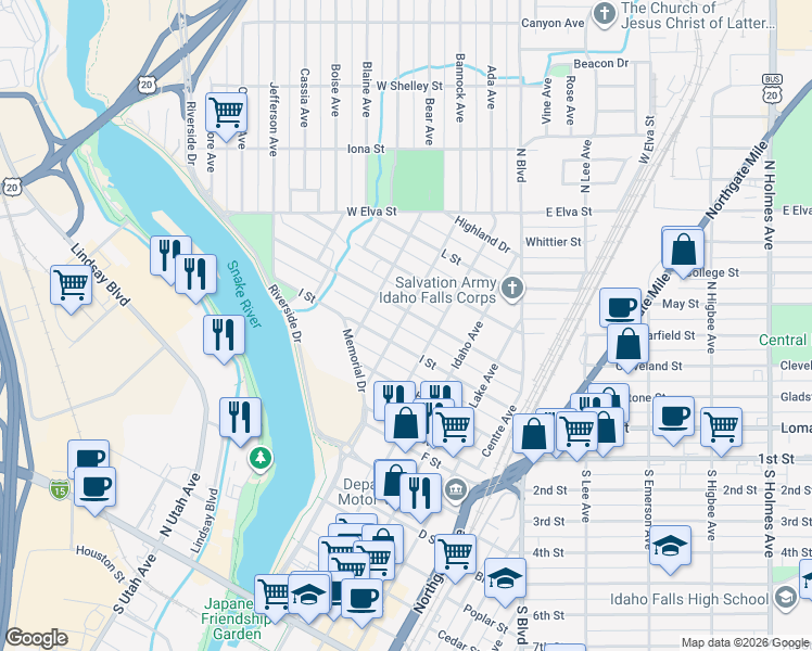 map of restaurants, bars, coffee shops, grocery stores, and more near 1349 Sage Avenue in Idaho Falls