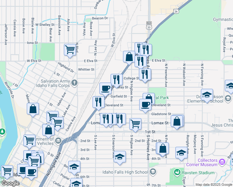 map of restaurants, bars, coffee shops, grocery stores, and more near 301-355 May Street in Idaho Falls
