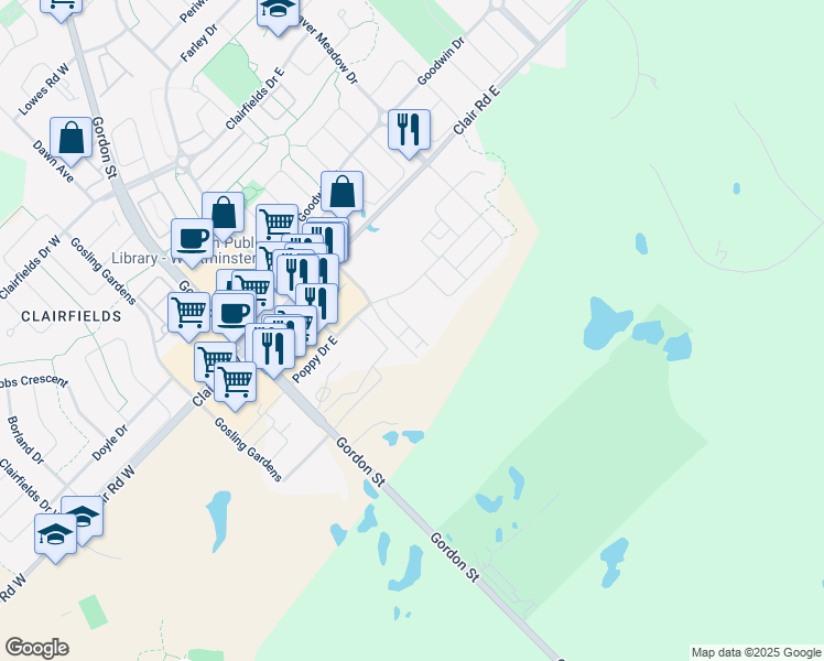 map of restaurants, bars, coffee shops, grocery stores, and more near 91 Poppy Drive East in Guelph