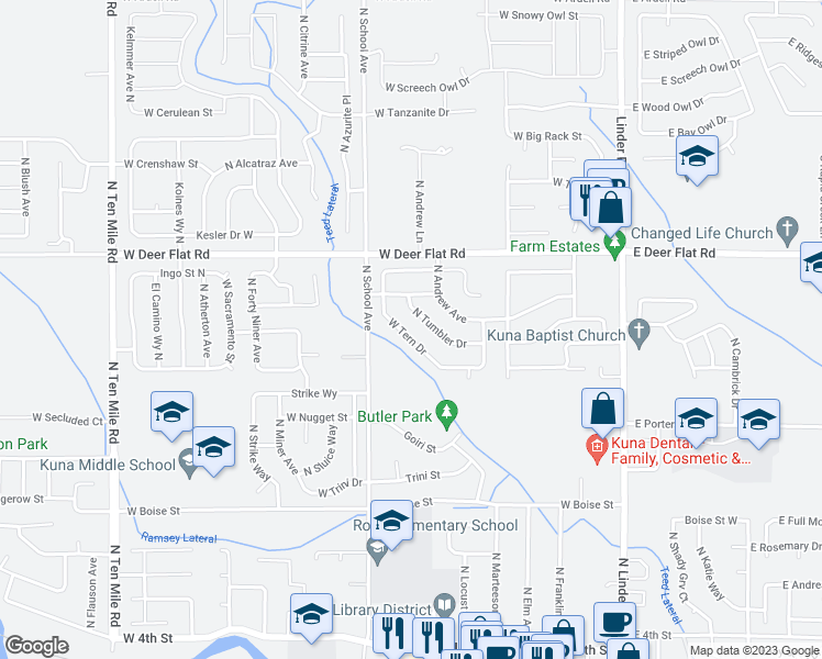 map of restaurants, bars, coffee shops, grocery stores, and more near 720 West Tern Drive in Kuna