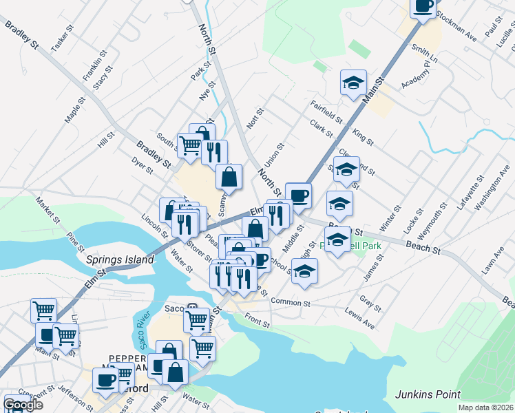 map of restaurants, bars, coffee shops, grocery stores, and more near 30 Maine 112 in Saco