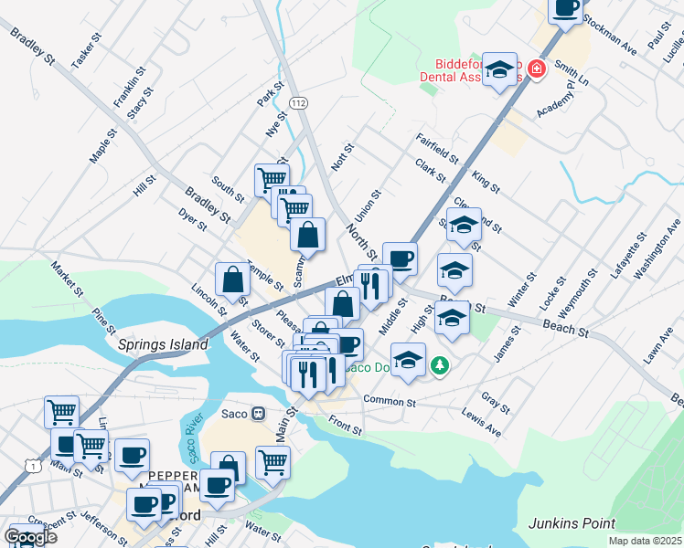 map of restaurants, bars, coffee shops, grocery stores, and more near 22 Vernon Street in Saco
