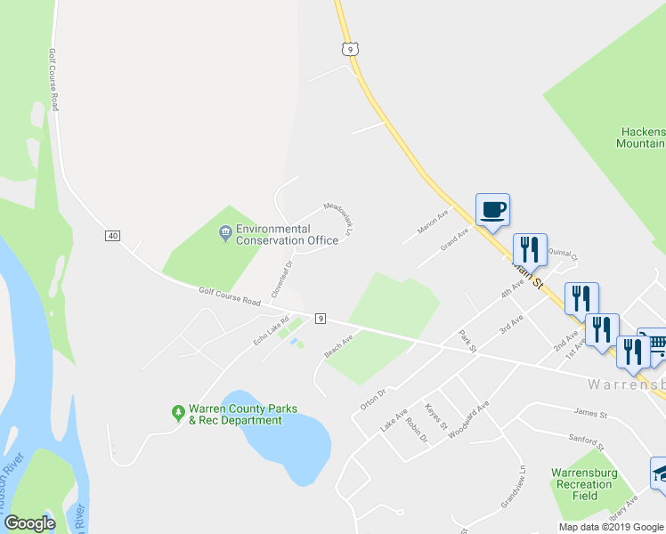 map of restaurants, bars, coffee shops, grocery stores, and more near 190 Hudson Street in Warrensburg