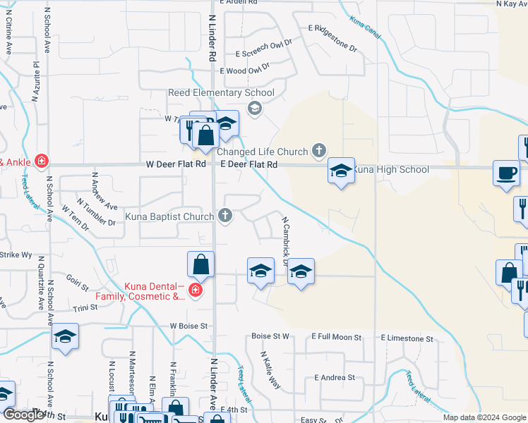 map of restaurants, bars, coffee shops, grocery stores, and more near 322 East Brush Gulch Avenue in Kuna