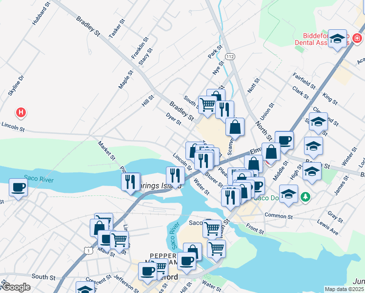 map of restaurants, bars, coffee shops, grocery stores, and more near 166 Pleasant Street in Saco