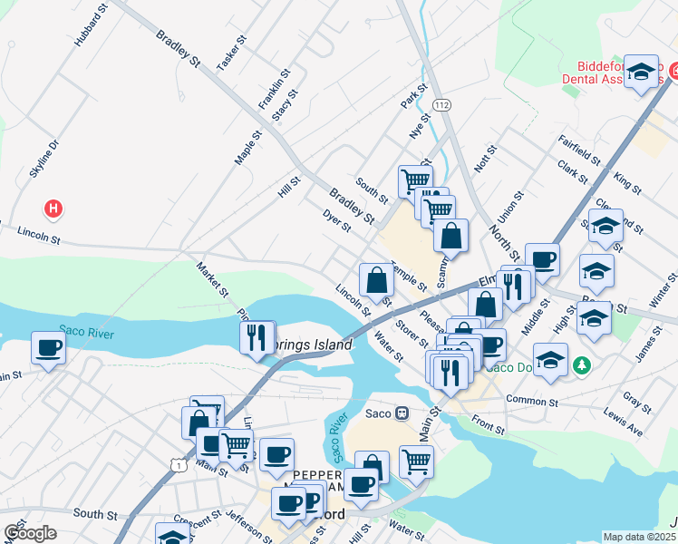 map of restaurants, bars, coffee shops, grocery stores, and more near 166 Pleasant Street in Saco