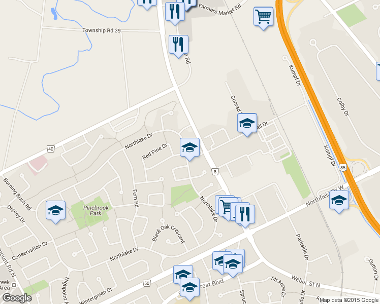 map of restaurants, bars, coffee shops, grocery stores, and more near 339 Northlake Drive in Waterloo