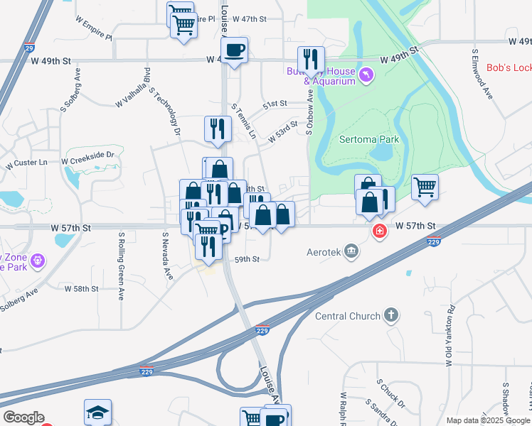 map of restaurants, bars, coffee shops, grocery stores, and more near 4909 South Tennis Lane in Sioux Falls