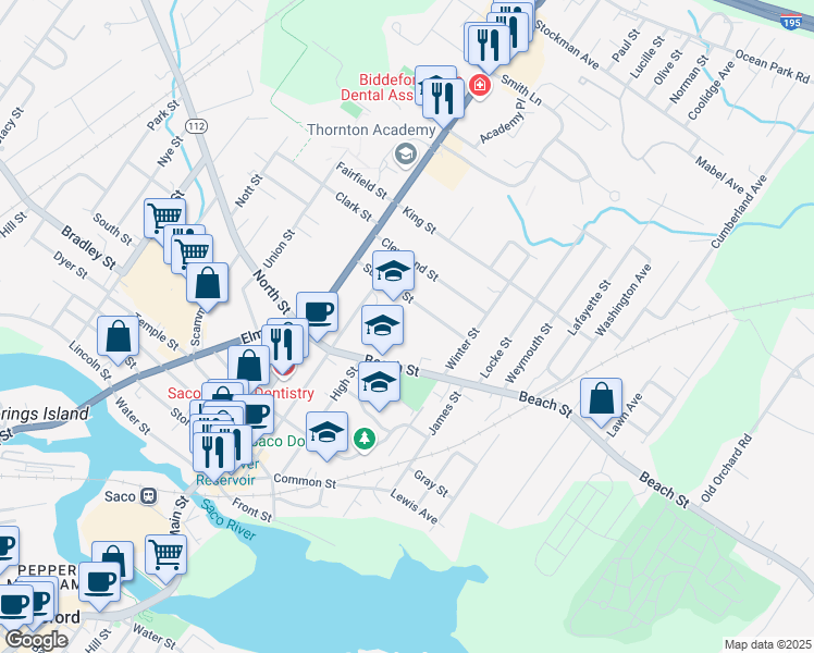 map of restaurants, bars, coffee shops, grocery stores, and more near 135 Middle Street in Saco
