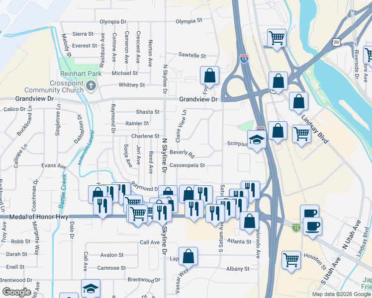 map of restaurants, bars, coffee shops, grocery stores, and more near 1561 Westland Ave in Idaho Falls