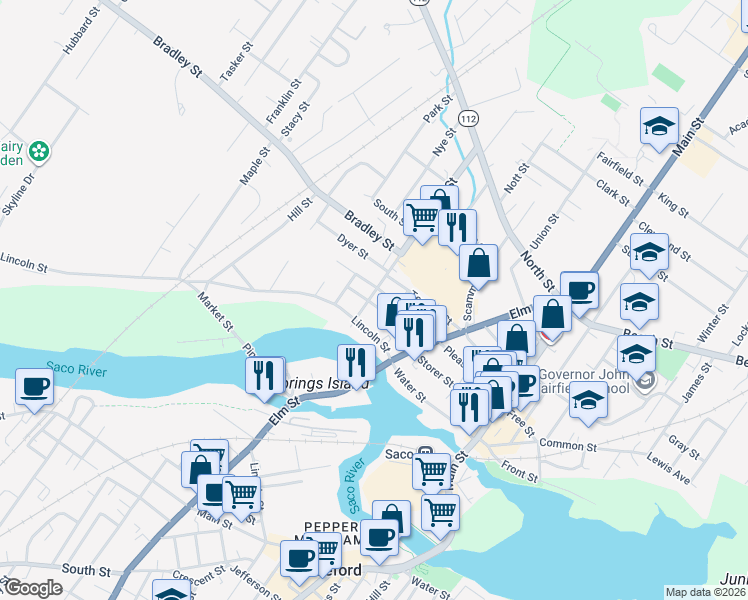 map of restaurants, bars, coffee shops, grocery stores, and more near 166 Pleasant Street in Saco